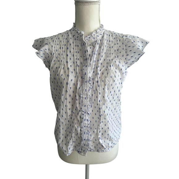 LUCKY BRAND White Blue Ruffle Sleeve Blouse Size XS - Picture 1 of 9